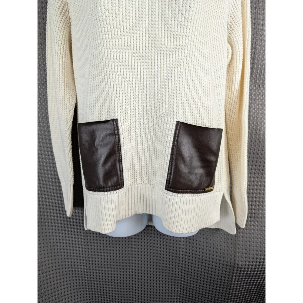 Michael‎ Kors Womens Cream Knit Cowl Neck Sweater Leather Pocket Pullover Chunky